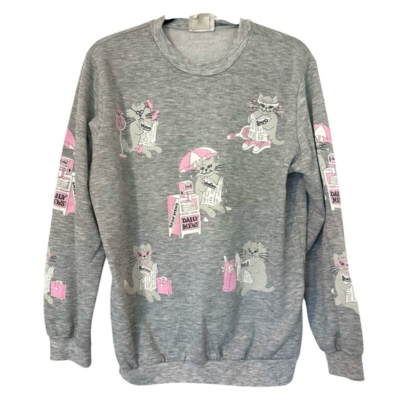 Vintage Spumoni Novelty Cats Reading Sweatshirt Womens Medium Gray White Pink - Picture 1 of 12
